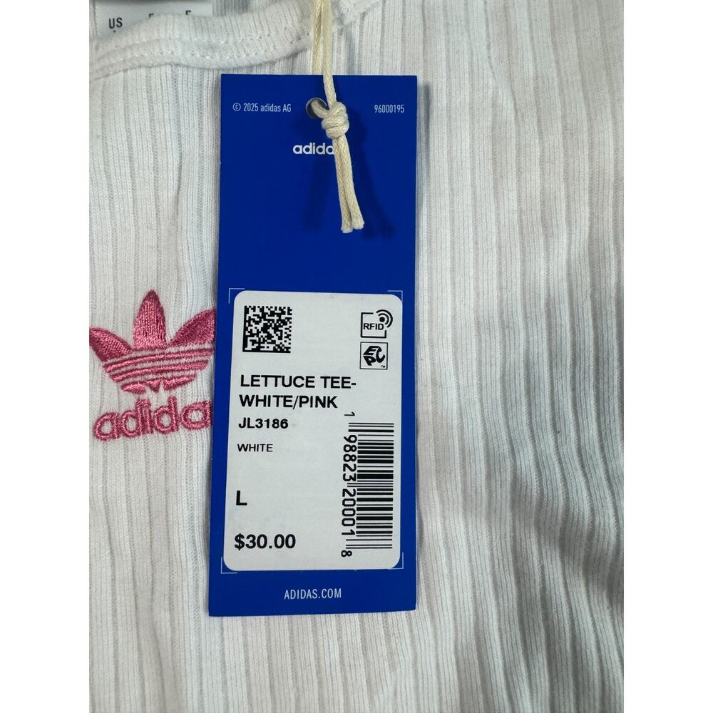 Adidas Originals Women's Lettuce Tee White Pink Ribbed Crop T-Shirt L Read - Picture 3 of 4